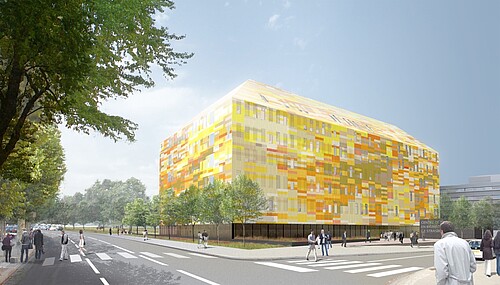 Le bâtiment, dont la première pierre a été posée le 26 mai 2015, devrait être livré pour l’été 2017 (vue d'architecte, cabinet DeA).