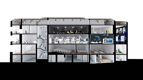 La distribution des espaces, parties accessibles au public (à droite, côté boulevard) et réservés à l'administration est simplifiée. DR