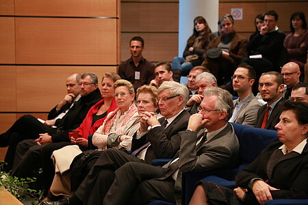 De gauche à droite : Paolo Samori, Jean-Luc Bischoff, Catherine Florentz, Huguette Zeller, Catherine Trautmann, Yves Le Tallec, Jacques Bigot et Luisa De Colla