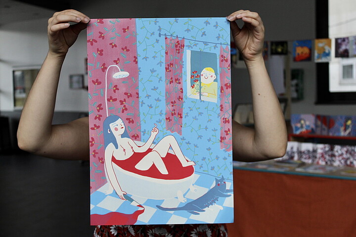 Pour cette sérigraphie, le collectif s'était donné pour contrainte de travailler uniquement avec trois couleurs : le rouge, le bleu et le jaune.