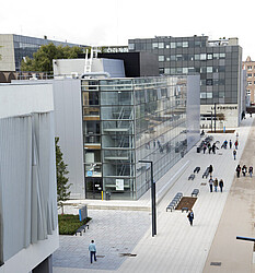 L’Atrium est constitué d’une longue galerie vitrée sur l’ensemble de la façade - Crédit photo : Catherine Schroder / Université de Strasbourg
